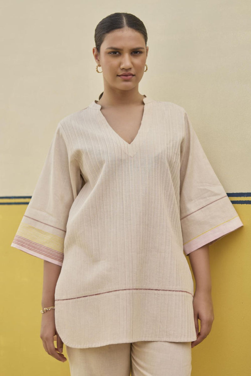 Neri Pintuck Border Linen Top - Sand linen by Manan in brown color for women in Singapore