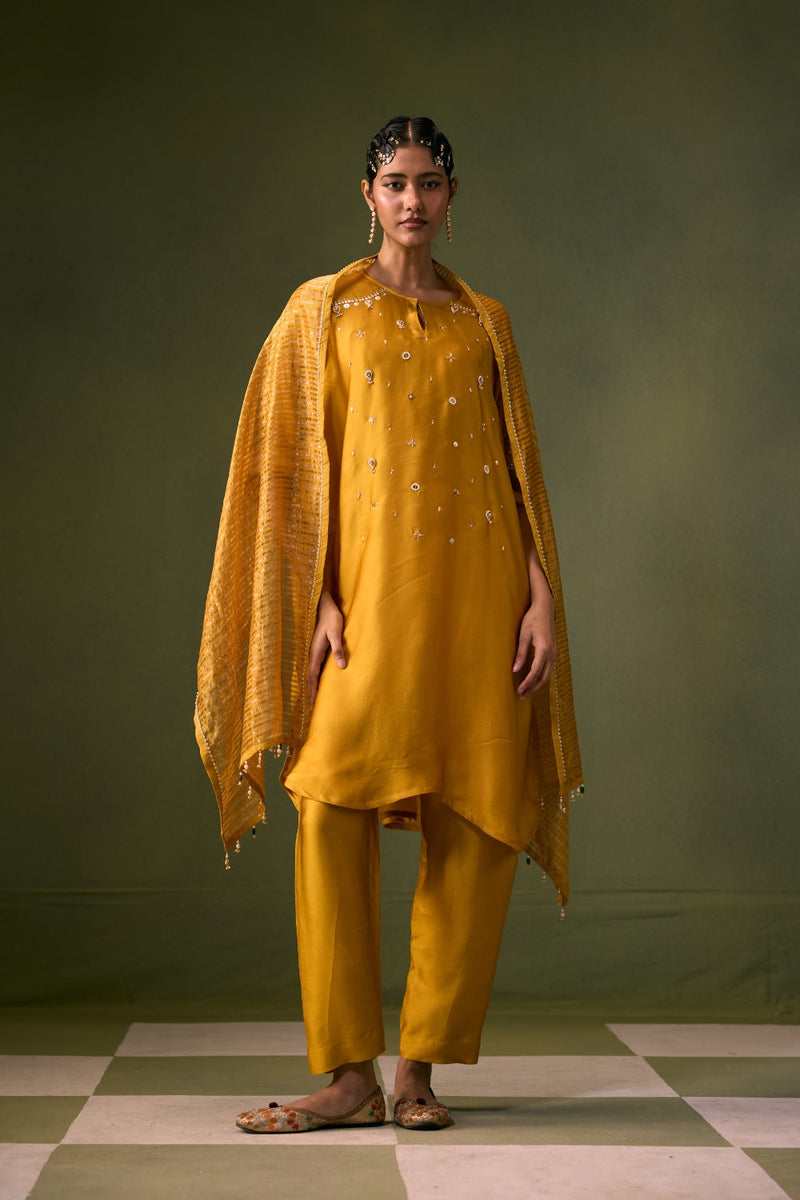 Acove Antifit Kurta Set vegan satin, organza satin kurta/kurta set by PRAHNAAYA in musturd yellow for women in Singapore
