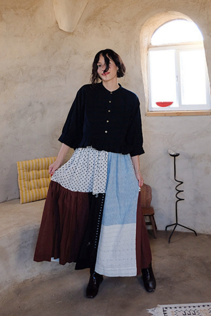 Oxford Skirt-Earthy Block handwoven cotton skirt by World of Crow in multi-color for women in Singapore