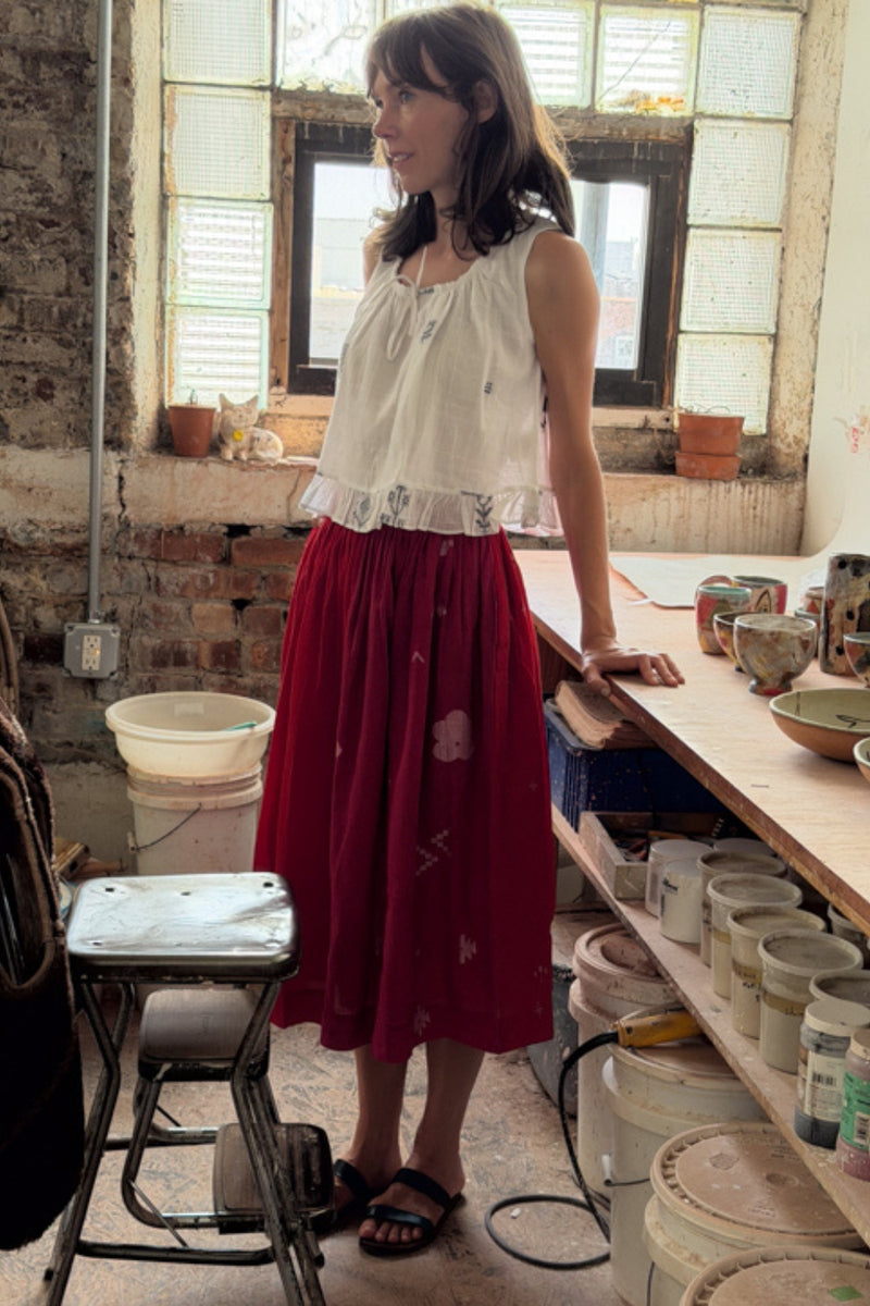 The Joy Skirt-Pink & Red cotton jamdani skirt by World of Crow in crimson red for women in Singapore