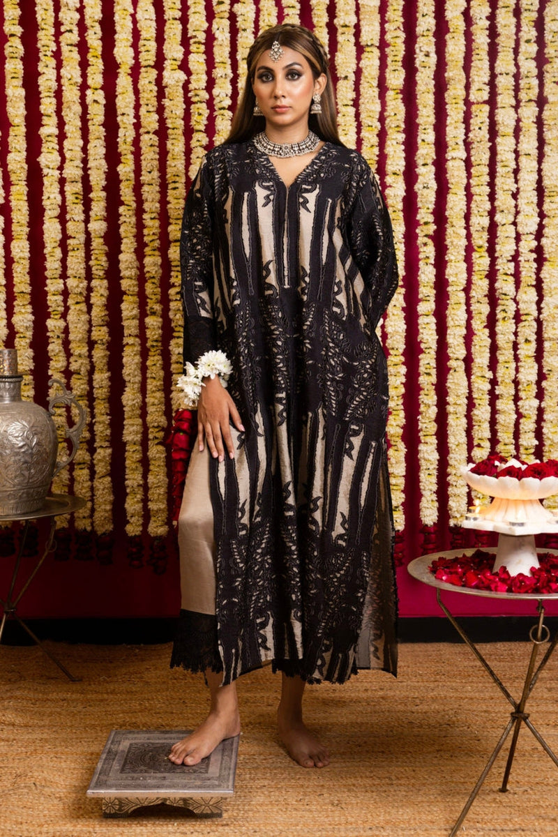 Khaki Appliqué Long Tunic Set-Khaki khaki silk kurta/kurta set by Sabo by Sabina in beige for women in Singapore