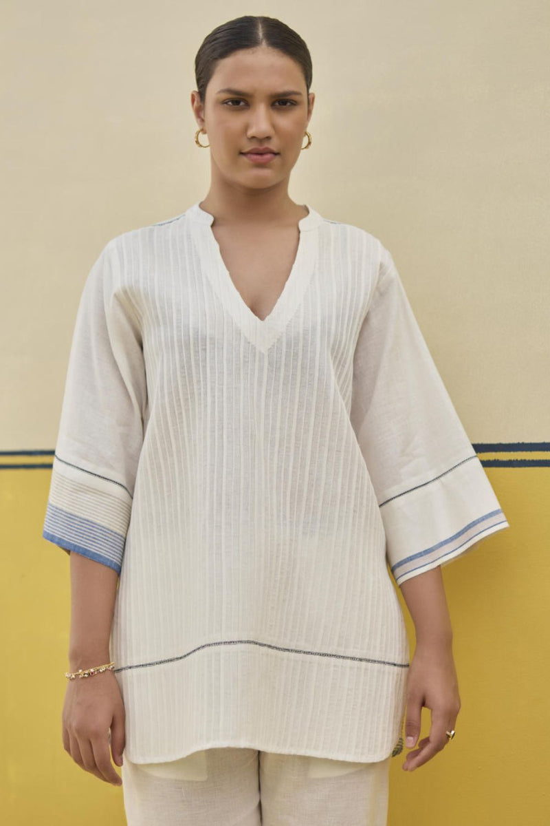 Neri Pintuck Border Linen Top - Ivory linen by Manan in ivory color for women in Singapore