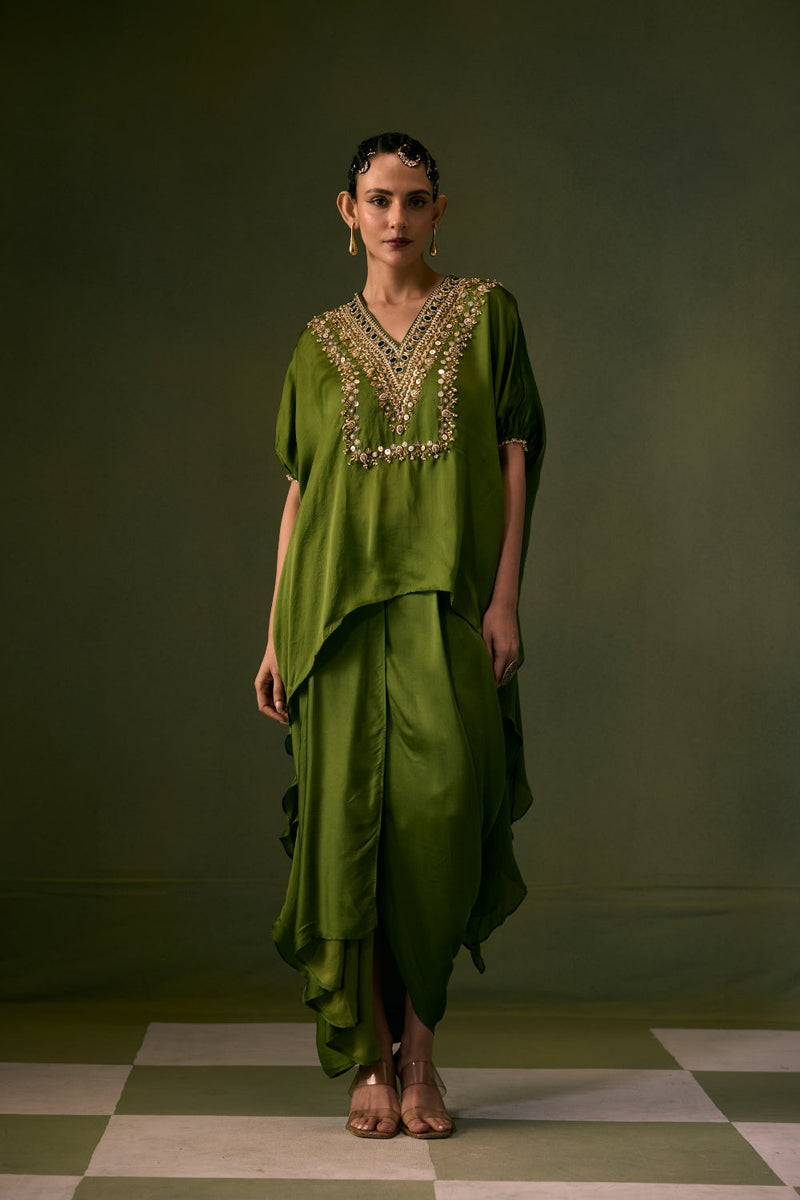 Cove Antifit Asymmetric Top with Pleated Skirt vegan satin, organza satin indo-western by PRAHNAAYA in green for women in Singapore