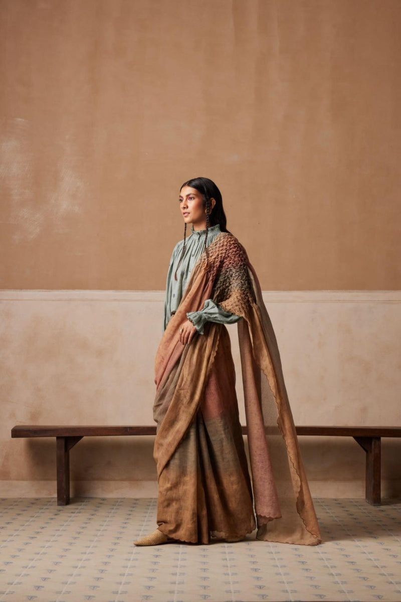 Smocked saree+top -Pale Blue & Tan cotton by CORD for women in Singapore