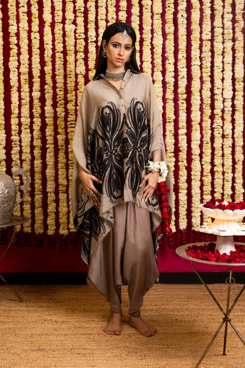 Khaki Appliqué Jumpsuit & Cape Set-Khaki khaki silk indo-western by Sabo by Sabina in beige for women in Singapore