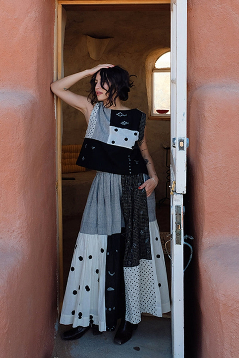 Oxford Skirt-Black Polkas handwoven cotton skirt by World of Crow in multi-color for women in Singapore