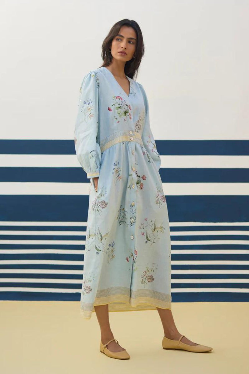 Greta Floral Linen Dress - Sky linen by Manan in blue color for women in Singapore