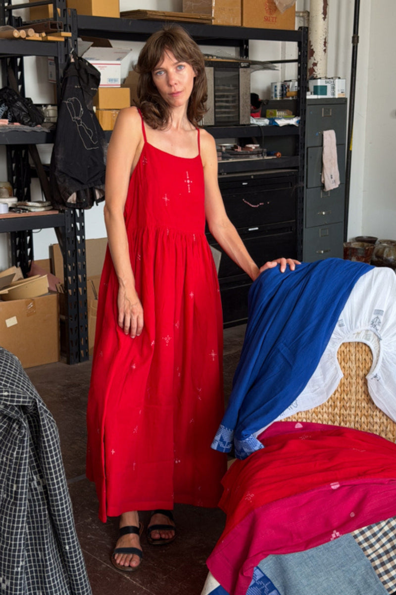 The Block Bloom Midi Dress-Red cotton jamdani dress by World of Crow in red for women in Singapore
