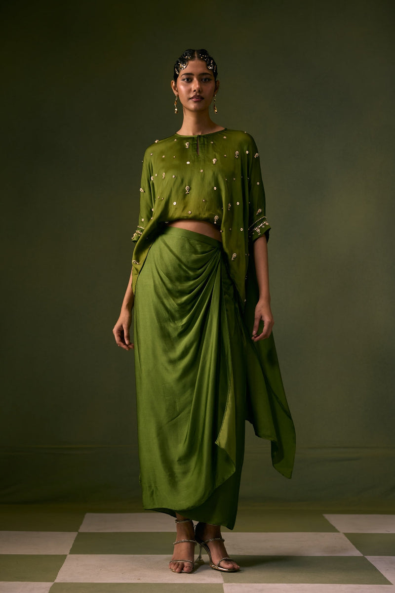 Nexa Lite Antifit Top with Wrap Skirt vegan satin, organza satin indo-western by PRAHNAAYA in green for women in Singapore