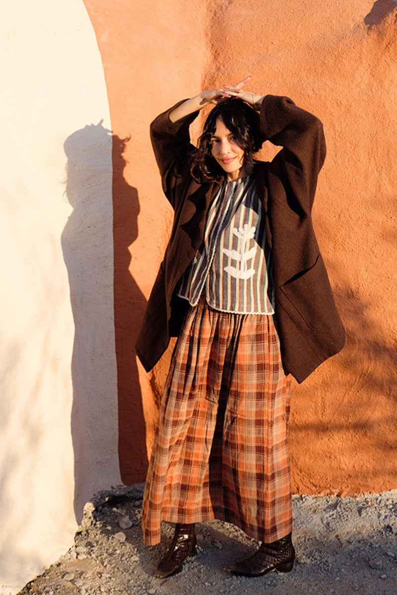 The Brown Vintage Artist Coat 100% handloom, hand-spun, and hand-woven natural himalayan sheep wool jacket/overlay by World of Crow in brown for women in Singapore