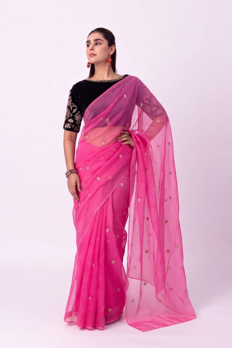 Naqsh Saree silk organza saree by Shades of India in pink for women in Singapore