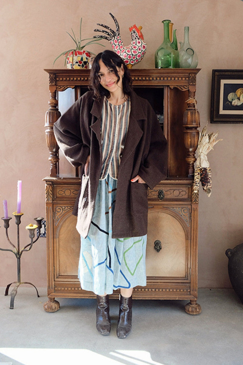 The Brown Vintage Artist Coat 100% handloom, hand-spun, and hand-woven natural himalayan sheep wool jacket/overlay by World of Crow in brown for women in Singapore