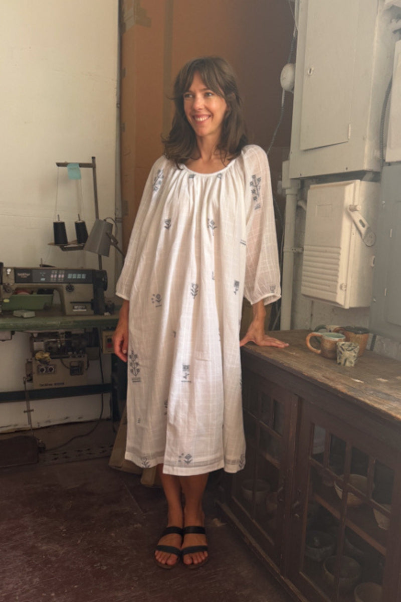 The Scoop-Neck Gathered Dress-White cotton jamdani dress by World of Crow in white for women in Singapore