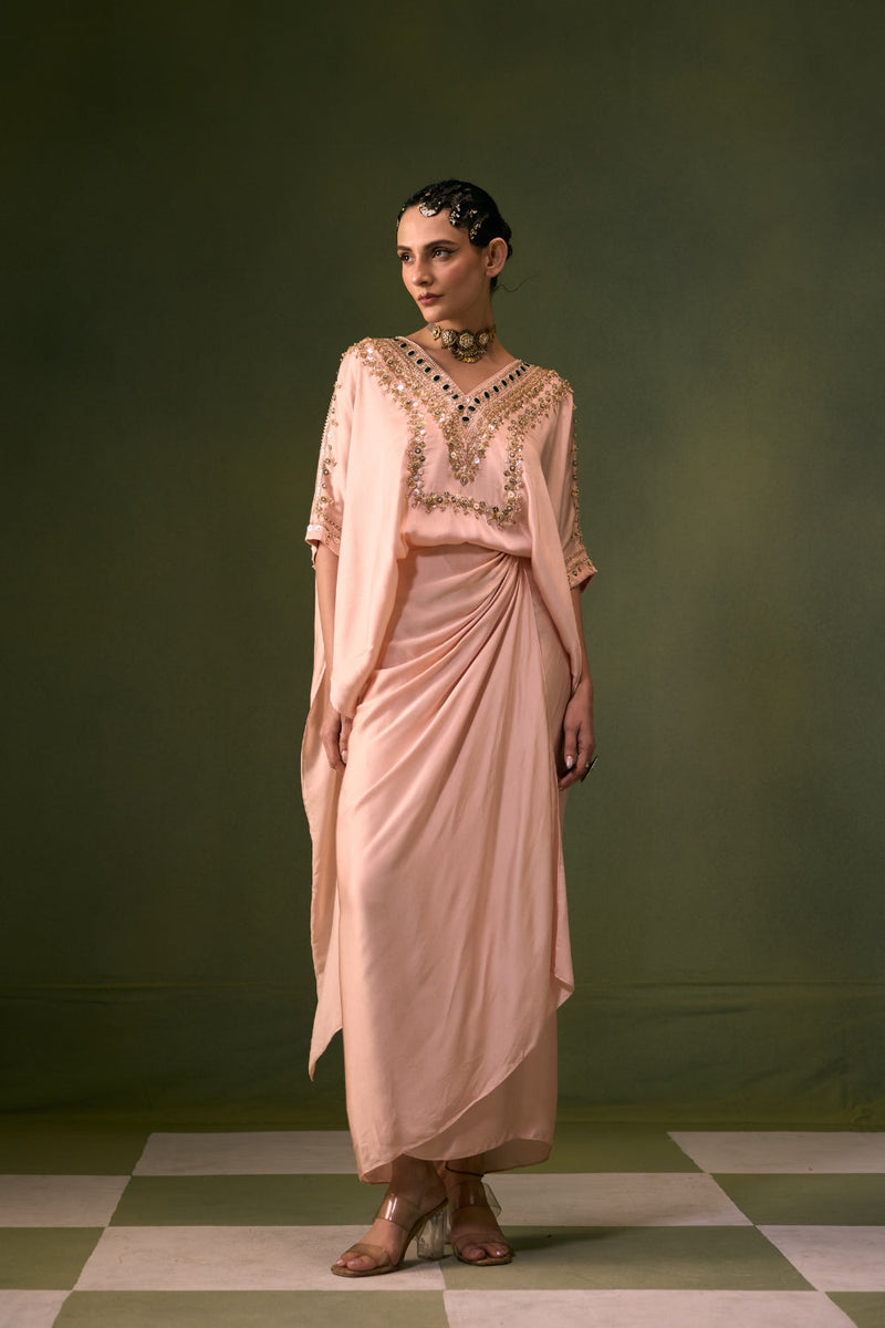 Nexa Tea Rose Antifit Top with Wrap Skirt vegan satin indo-western by PRAHNAAYA in pink for women in Singapore