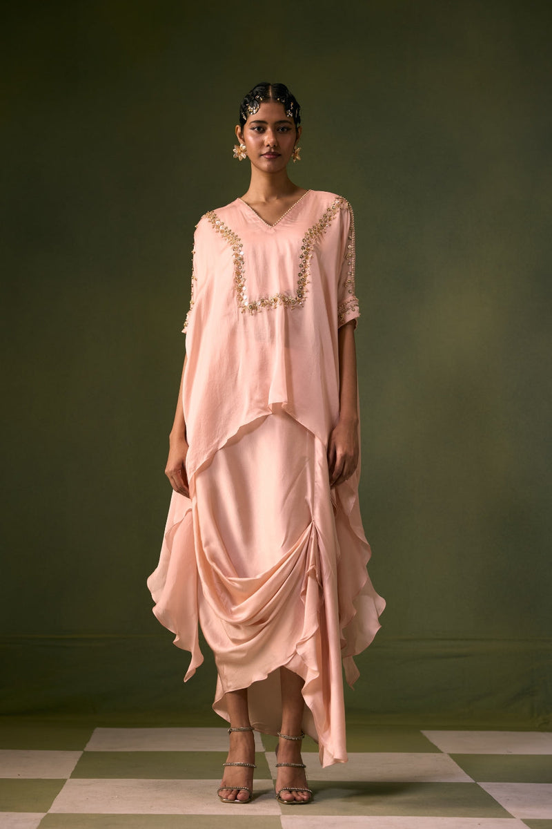 Cove Lite Antifit Asymmetric Top & Cowl Skirt satin, organza satin indo-western by PRAHNAAYA in pink for women in Singapore