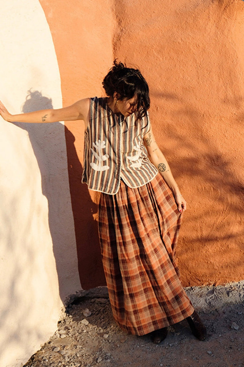 Classic Vest Rust Multi-Appliqué handwoven stripe cotton jacket/overlay by World of Crow in multi-color for women in Singapore