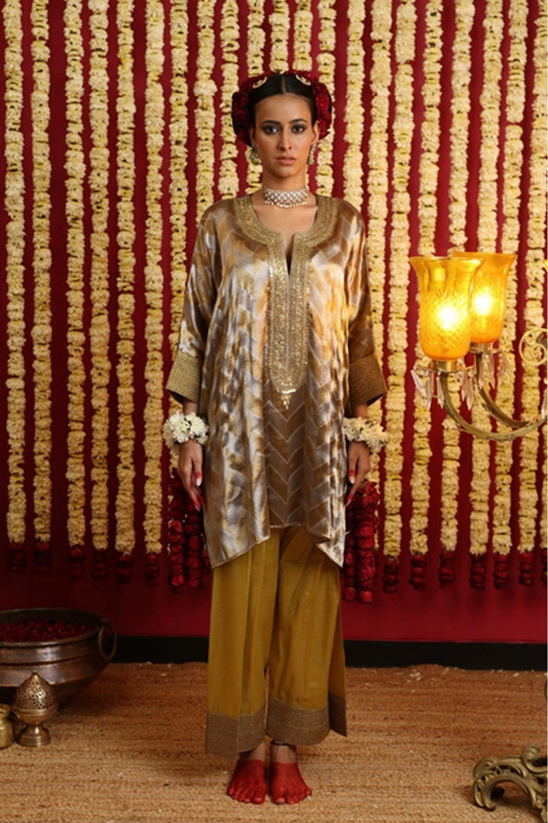 Chevron Tissue Tunic & Shalwar Set-Dusty Green tissue kurta/kurta set by Sabo by Sabina in green for women in Singapore