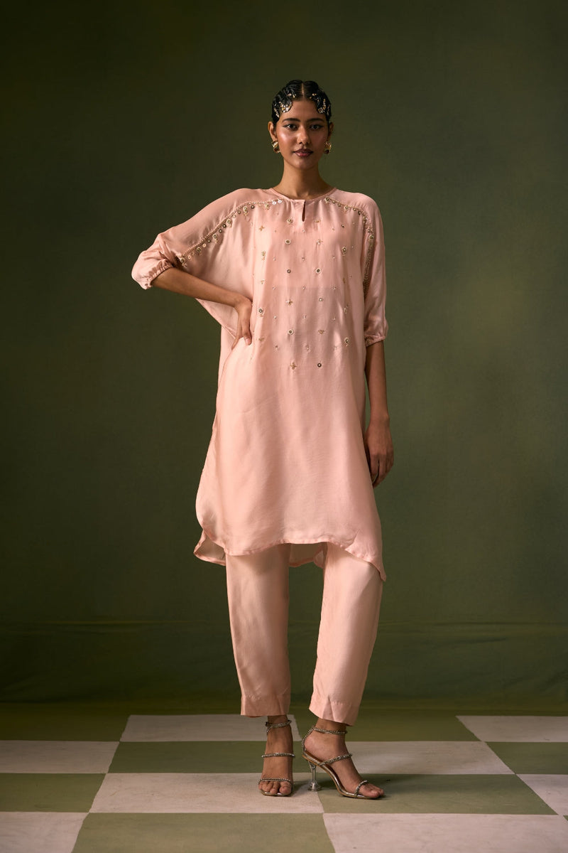 Acove Tea Rose Antifit Kurta Set vegan satin, organza satin kurta/kurta set by PRAHNAAYA in pink for women in Singapore