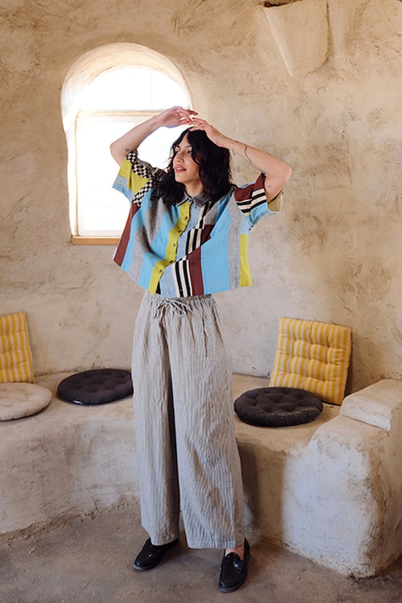 Easy Pants-Monochrome handwoven cotton pant/trouser by World of Crow in white,navy for women in Singapore