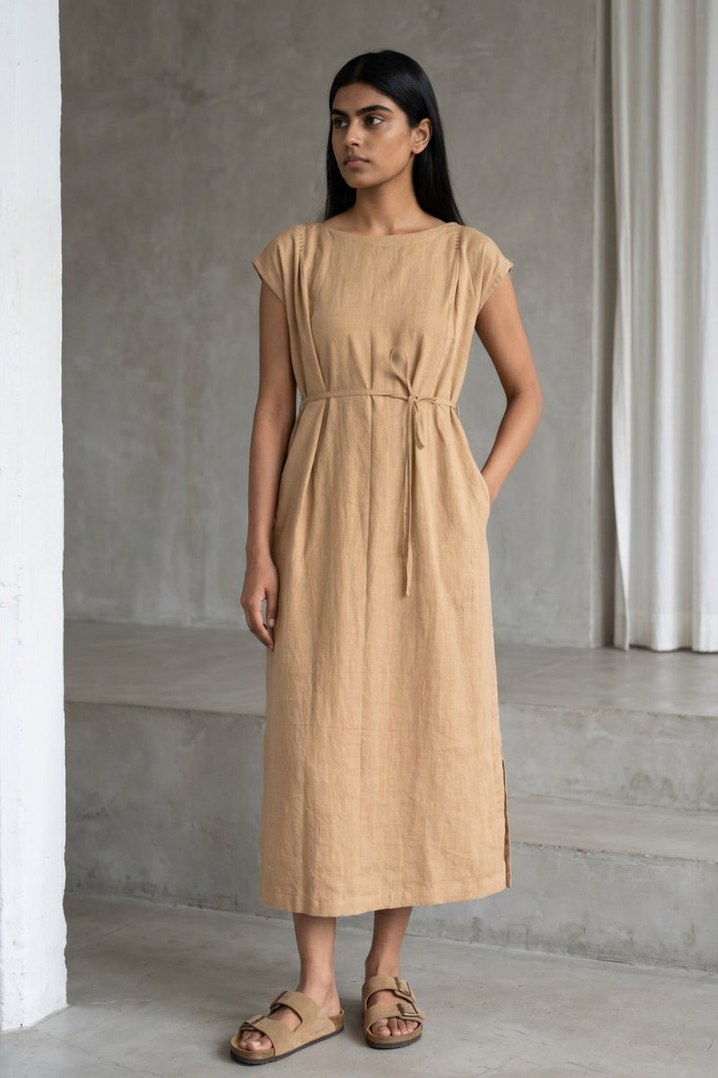 Erna Sand Beige Dress hemploop, lyocell dress by Doodlage in beige for women in Singapore