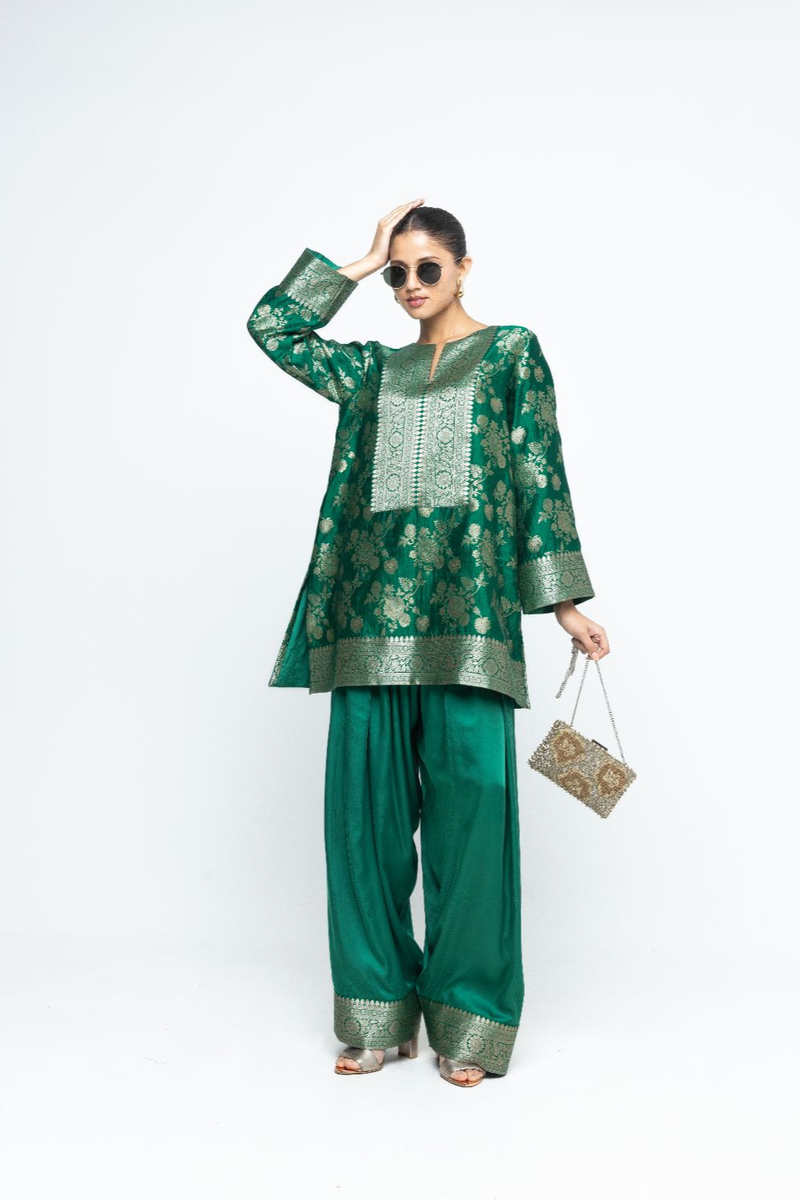 Gul - Floral Brocade kurta with Farshi Salwar - Green