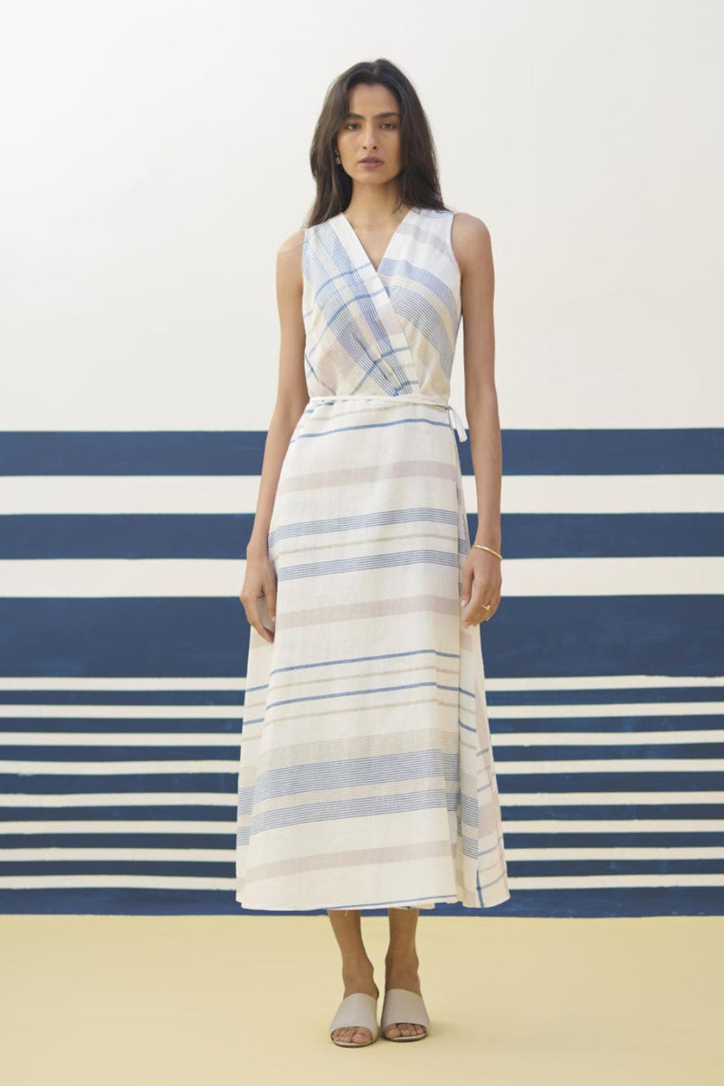 Ava Check Linen Wrap Dress
- Ivory linen by Manan in ivory color for women in Singapore