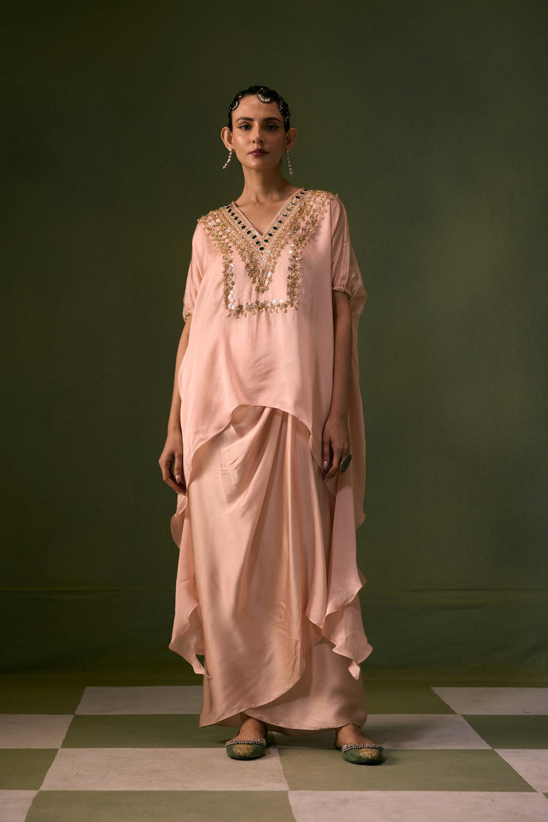 Tea Rose Antifit Asymmetric Top with Wrap Skirt vegan satin, organza satin indo-western by PRAHNAAYA in pink for women in Singapore