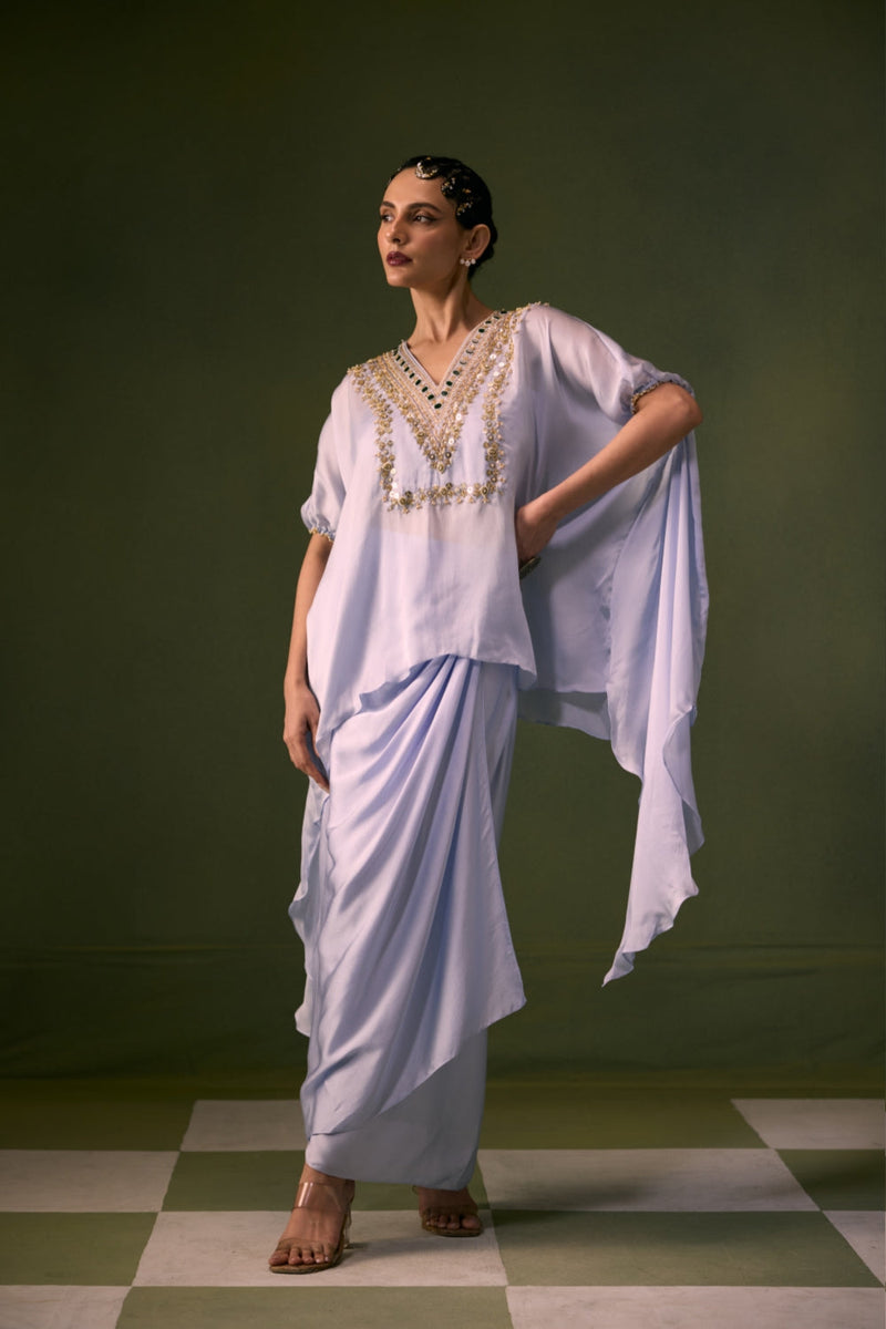 Cove Ice Blue Antifit Asymmetric Top with Wrap Skirt vegan satin, organza satin indo-western by PRAHNAAYA in sky for women in Singapore