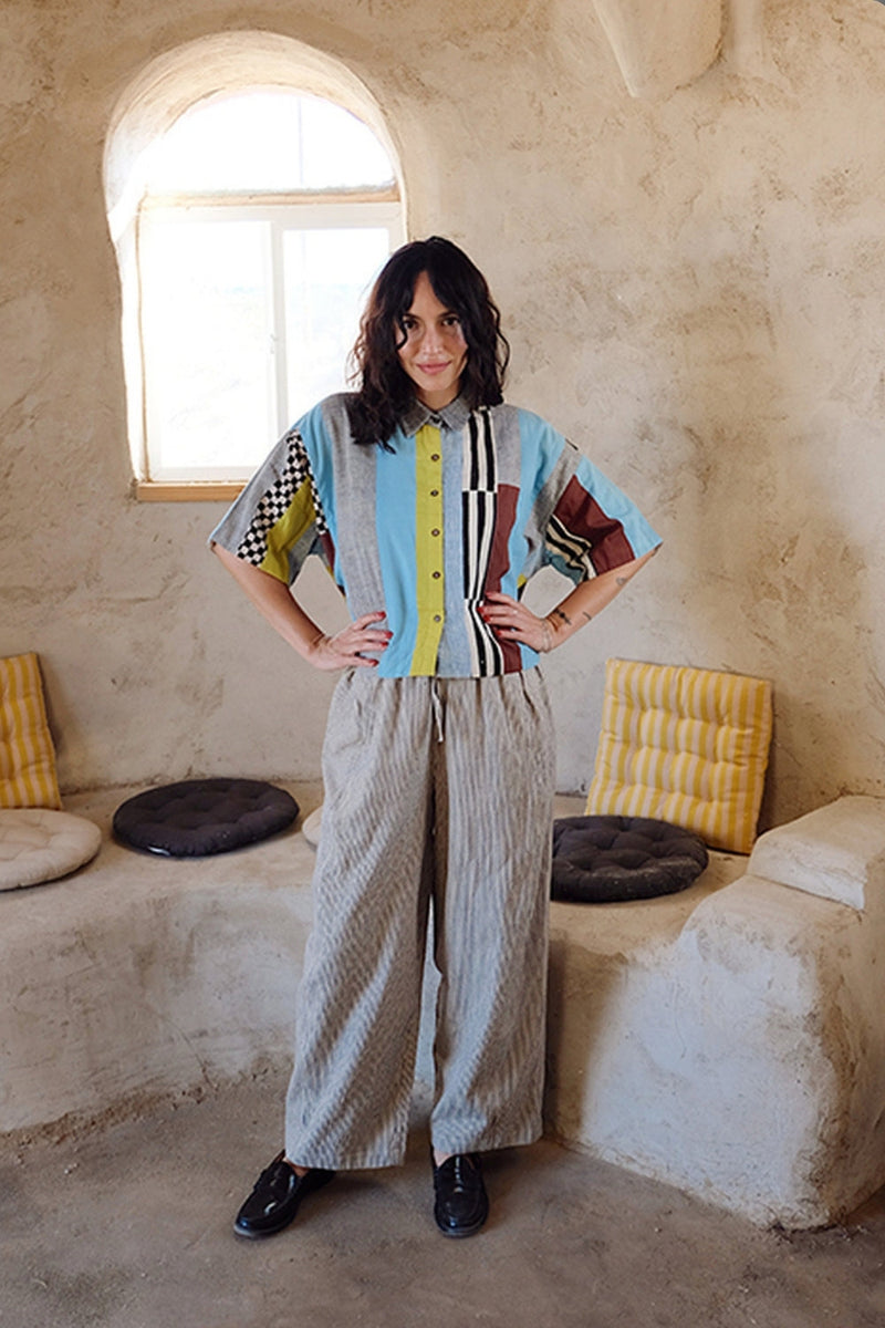 Fillmore Shirt-Light Blue Stripes 100% cotton and hand block printed cotton top/shirt by World of Crow in multi-color for women in Singapore