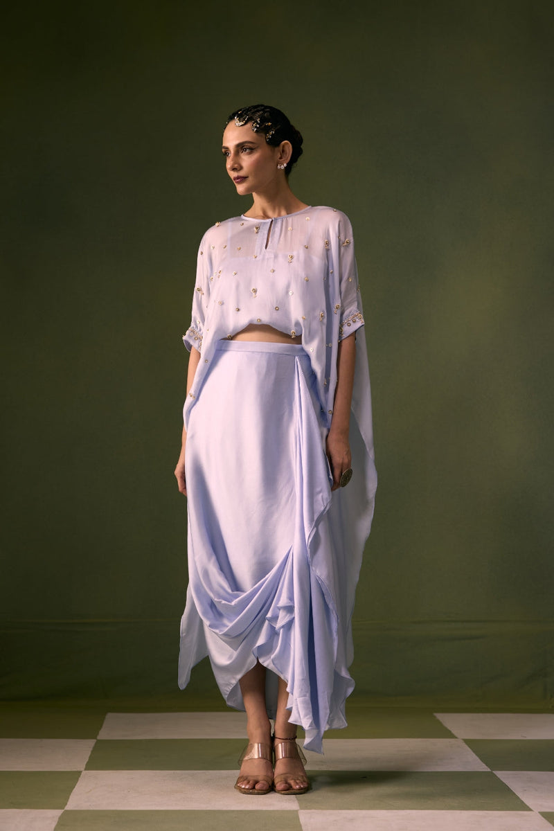 Nexa Ice Blue Antifit Top with Wrap Skirt vegan satin, organza satin indo-western by PRAHNAAYA in sky for women in Singapore