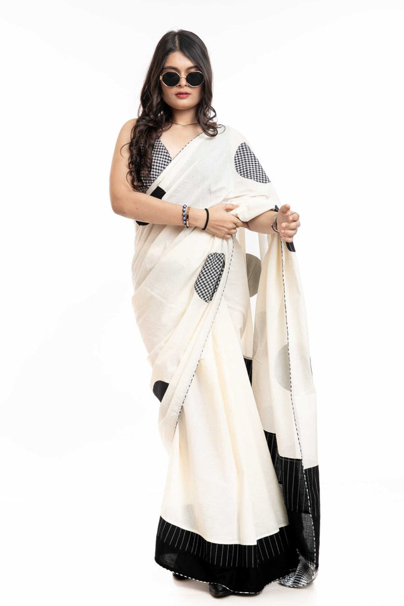 Starry Speckle Saree cotton,gamcha saree by 145 East in white, black for women in Singapore