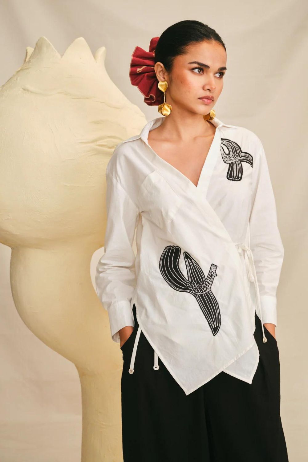JodiLife Hasan wrap shirt in white poplin with applique detailing and drawstring waist
