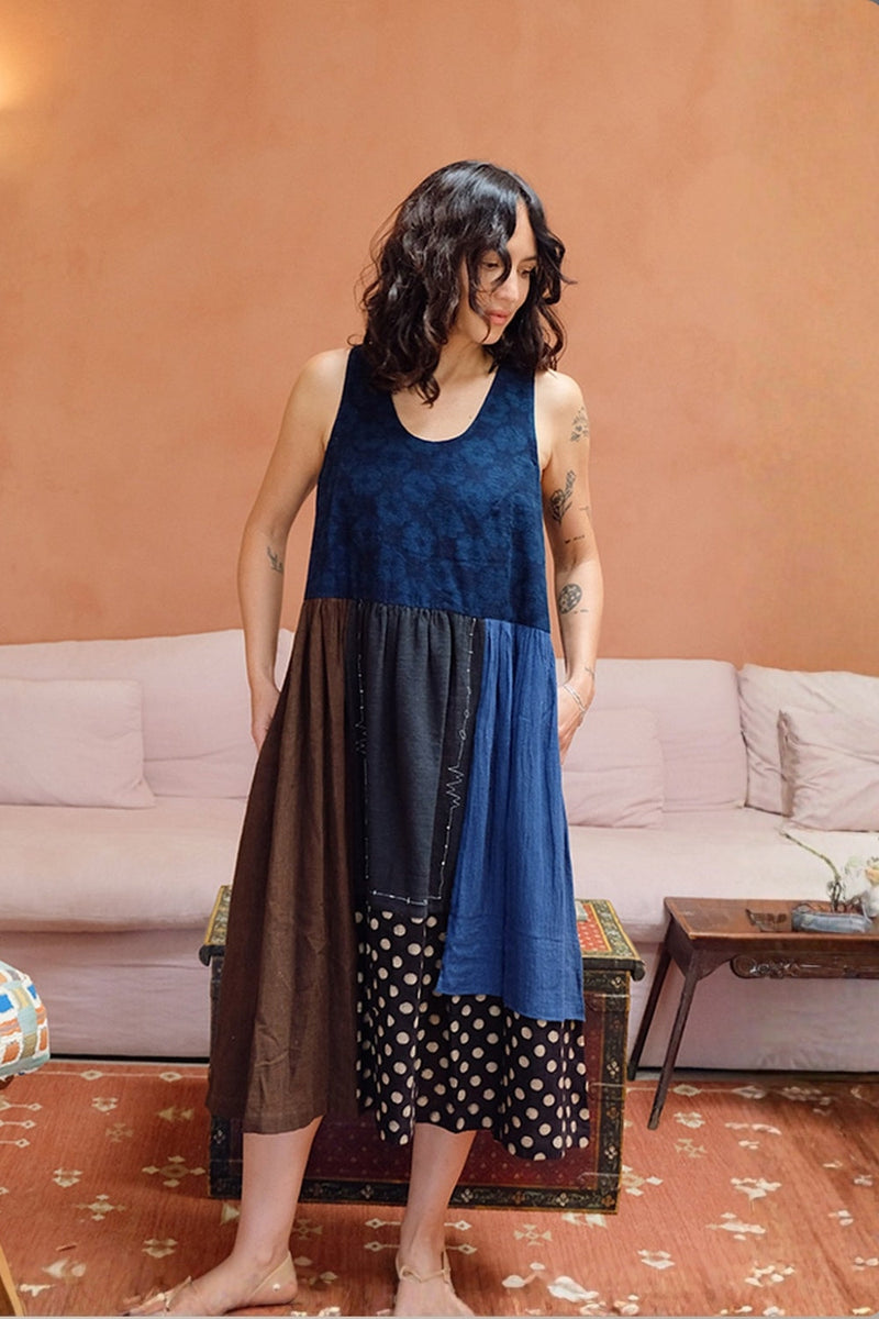 The Joan Dress-Dawn hand block printed &amp; hand-woven organic fabric dress by World of Crow in multi-color for women in Singapore