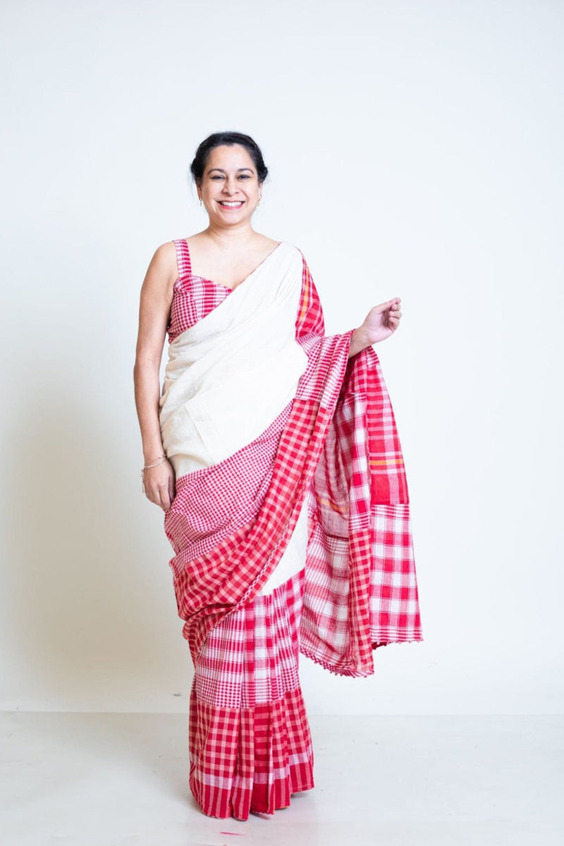 The Festive Fiesta Saree cotton,gamcha saree by 145 East in white, red for women in Singapore
