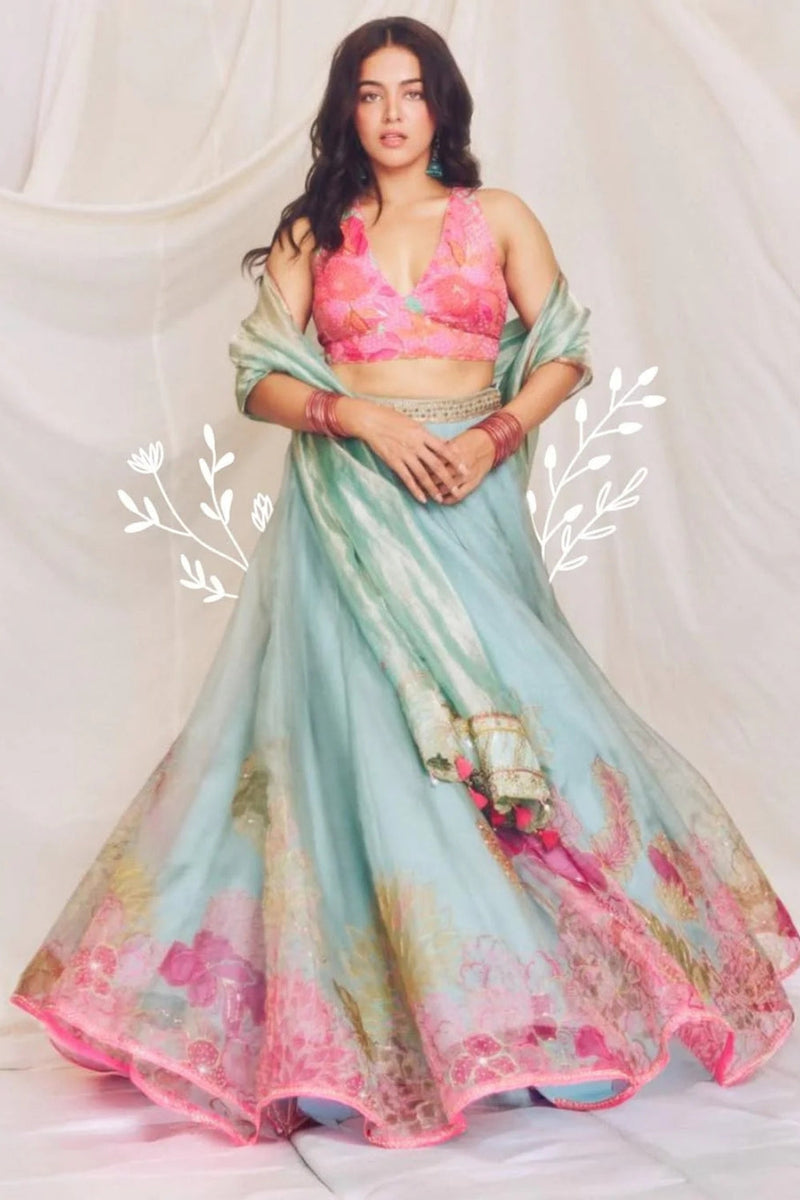 Wamiqa Gabbi Ice Blue Floral Organza Lehenga Set organza , crepe, tissue organza by Rajiramniq in ice blue for women in Singapore