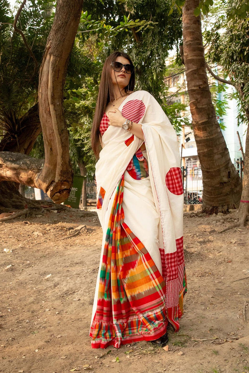 Dotted Fiesta Saree cotton,gamcha saree by 145 East in white, red, multicolour for women in Singapore