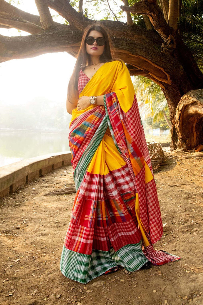 The Sunflower Saree cotton,gamcha saree by 145 East in yellow, red, multicolour for women in Singapore