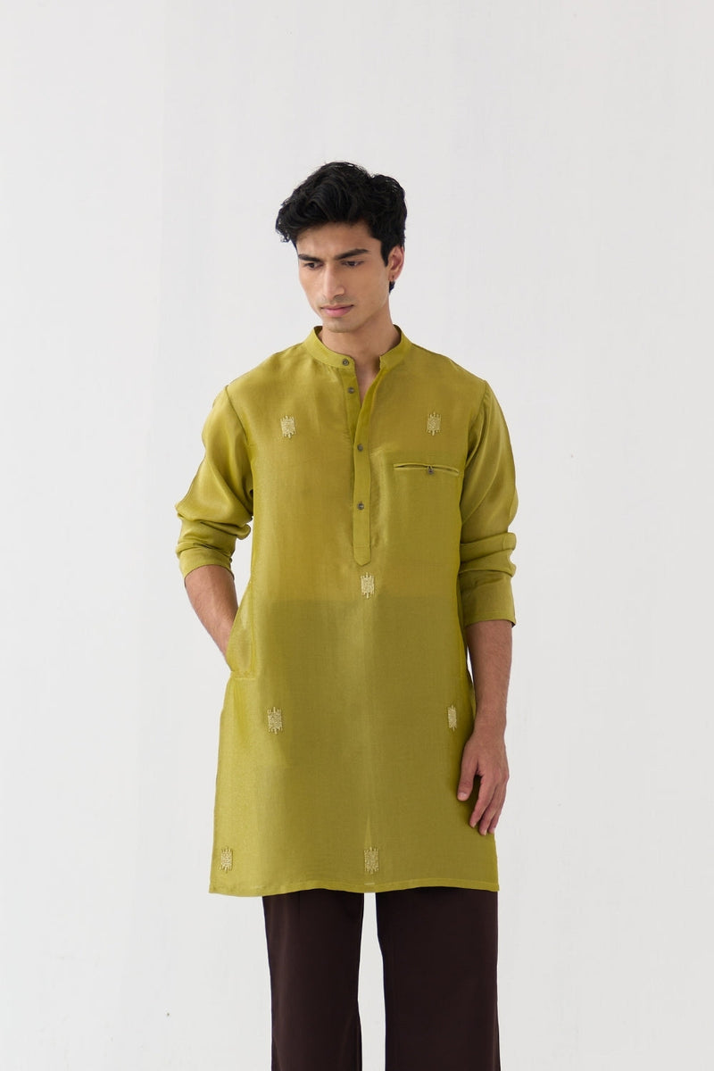 Hand Emb. Detail Kurta tissue kurta/kurta set by THREE Men in yellow for men in Singapore