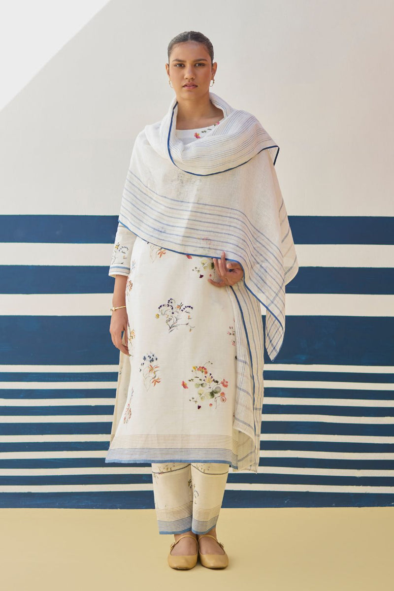 Kera Floral Embroidered Kurta Set
 - Ivory linen by Manan in ivory color for women in Singapore