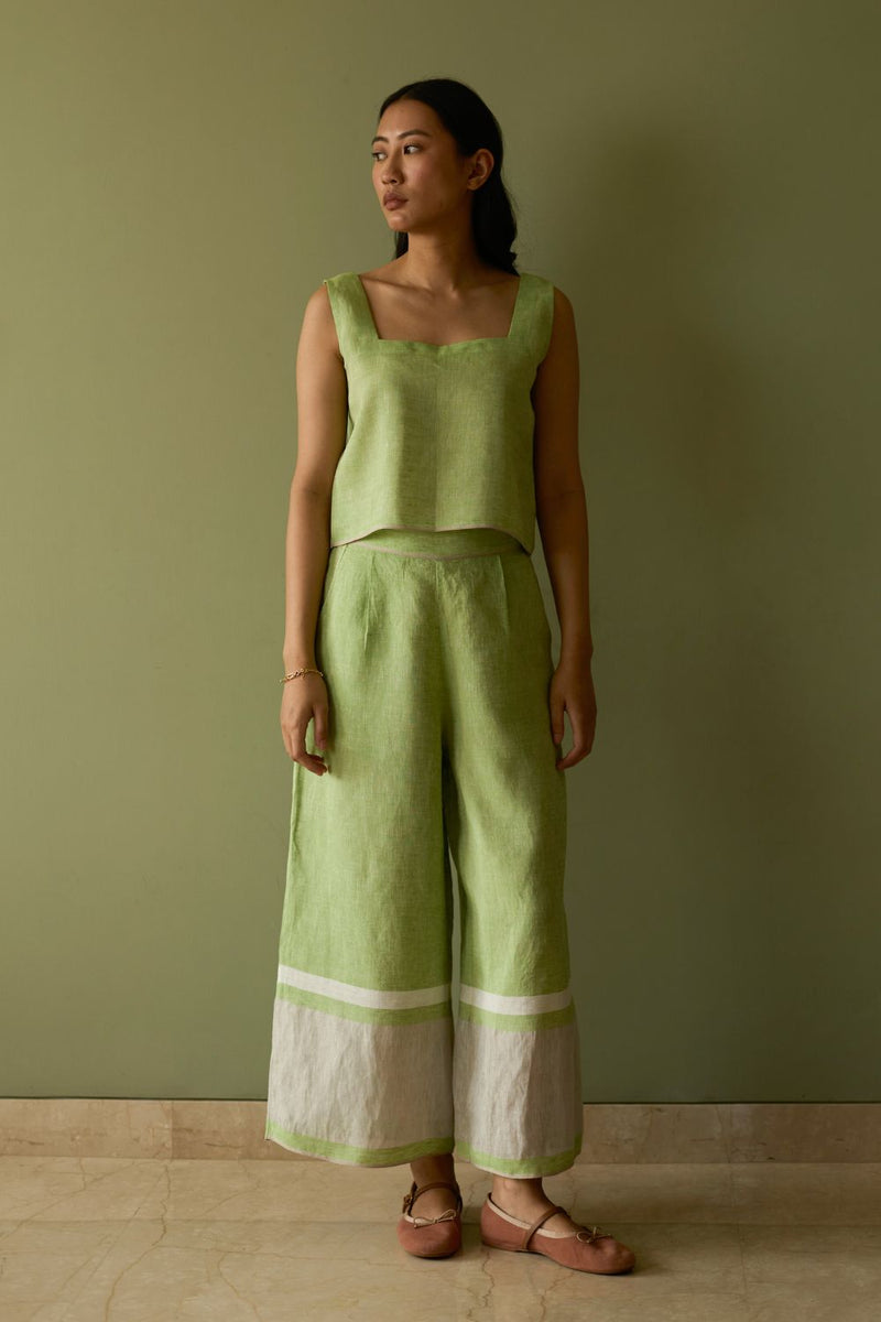 Della Border Linen Culottes-Meadow linen by Manan in green color for women in Singapore