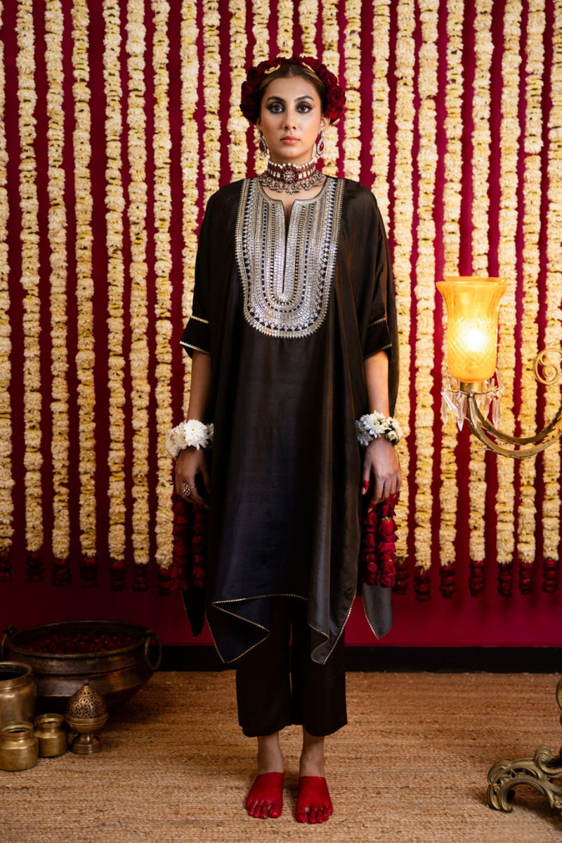 3D Shaded Dark Silk Tunic & Pant Set-Charcoal silk kurta/kurta set by Sabo by Sabina in charcoal for women in Singapore