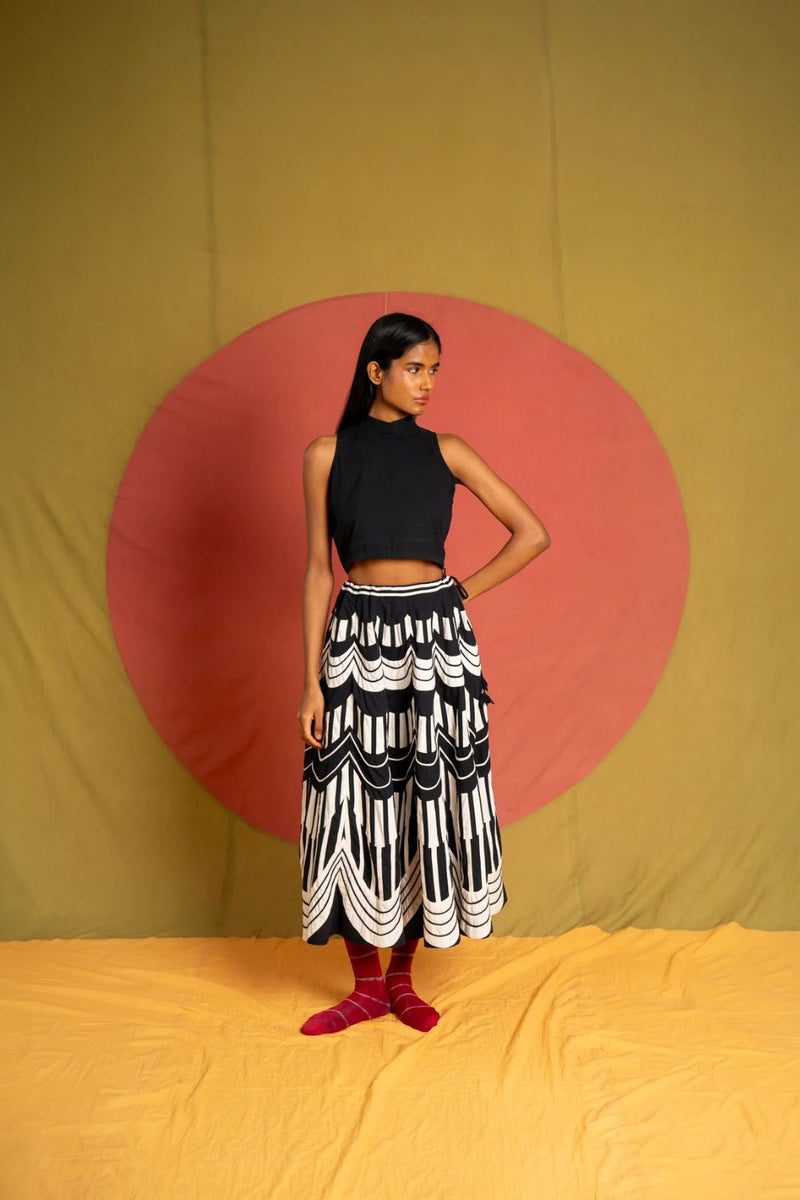 Scala Skirt-Black and White cotton skirt by Ka-Sha in black for women in Singapore