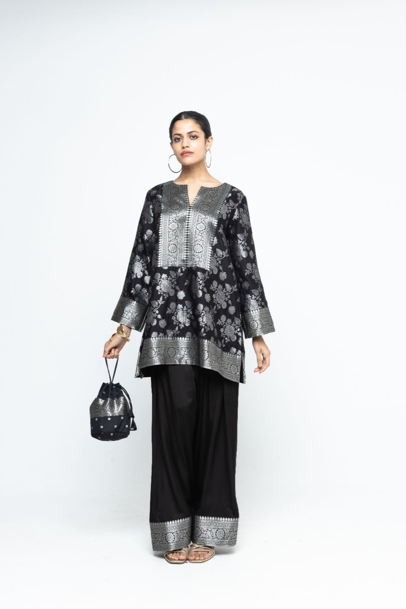 Gul - Floral Brocade kurta with Farshi Salwar - Black