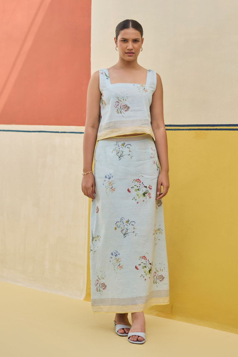 Leena Floral Co-ord Set 
- Sky linen by Manan in blue color for women in Singapore