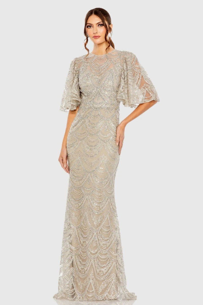 20481-Beige and Silver Flutter Sleeve High Neck Gown polyester evening gowns by Mac Duggal in beige for women in Singapore