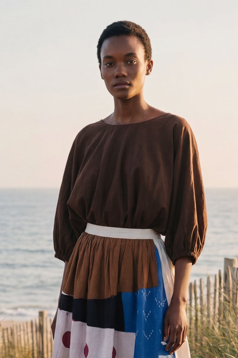 The Noe Top - Dark Brown cotton by World of Crow in brown color for women in Singapore