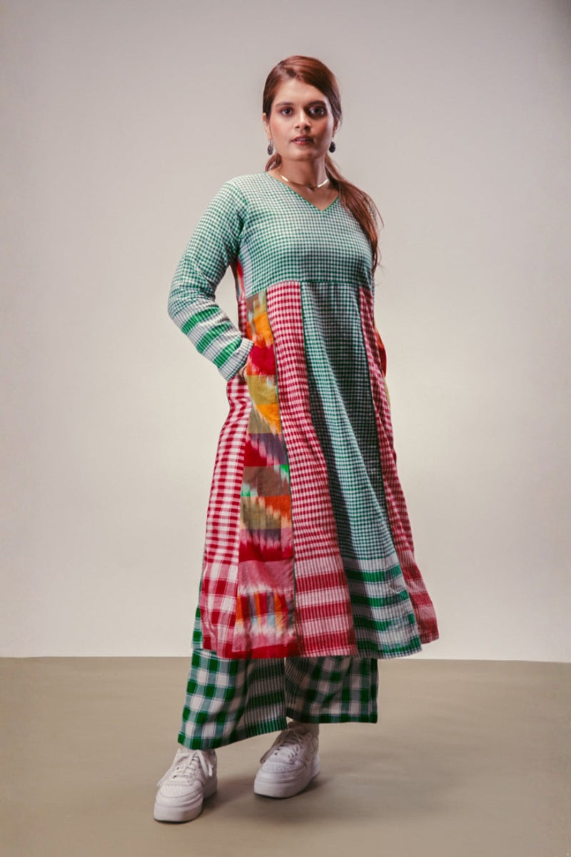 Aura Dress + Palazzo Set gamcha co-ord set by 145 East in green, red, multicolour for women in Singapore
