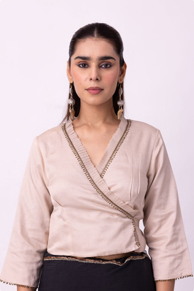 Qara Blouse silk cotton satin blouse by Shades of India in beige for women in Singapore
