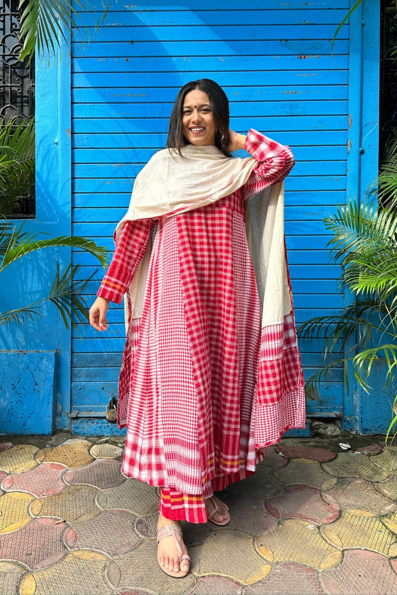 Side Panelled Red Dress + Palazzo + Dupatta (Set of 3) gamcha kurta/kurta set by 145 East in red, white for women in Singapore