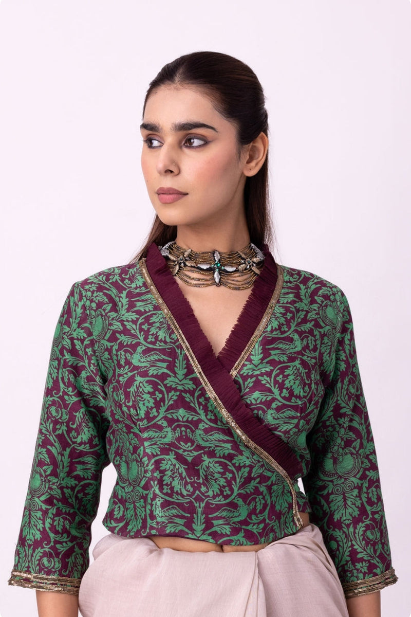 Syaahi Blouse silk blouse by Shades of India in wine-green for women in Singapore